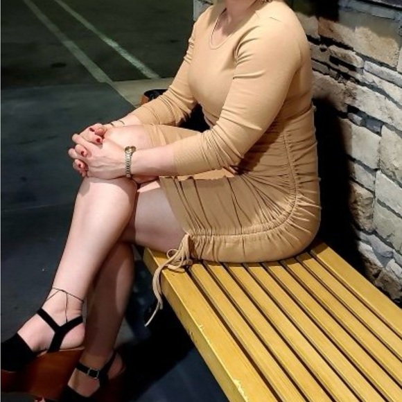 Elegant Tan Ruched Dress - Picture 2 of 9